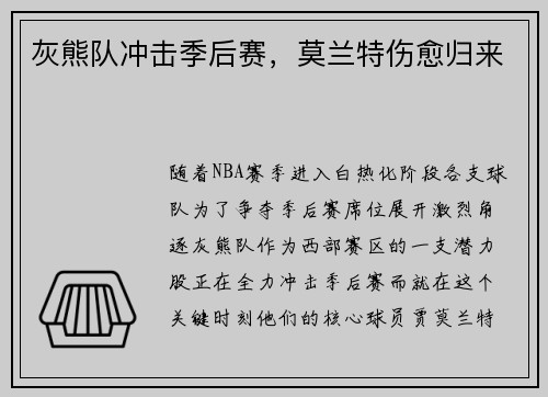 灰熊队冲击季后赛，莫兰特伤愈归来