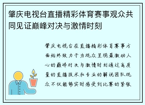 肇庆电视台直播精彩体育赛事观众共同见证巅峰对决与激情时刻